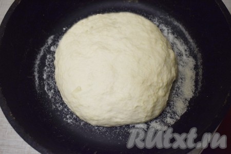 Затем обмять тесто и сформировать из него буханку. На дно формы для выпечки хлеба (я использую для выпечки толстостенную сковороду) насыпать 1 чайную ложку манки без горки, равномерно распределить манную крупу по всей поверхности формы.