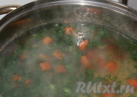 Когда картофель сварится, добавить в суп с овощами большой пучок измельчённого укропа, посолить по вкусу. 
