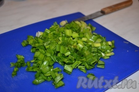 Зеленый лук порезать кусочками примерно в 0,5 см (как на фото).
