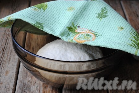 Выложить тесто в миску, смазанную растительным маслом, накрыть полотенцем и оставить в тёплом месте на 1-1,5 часа. 
