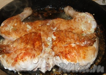 В процессе жарки тушки цыпленка периодически смазываем его этой кашицей с каждой стороны.