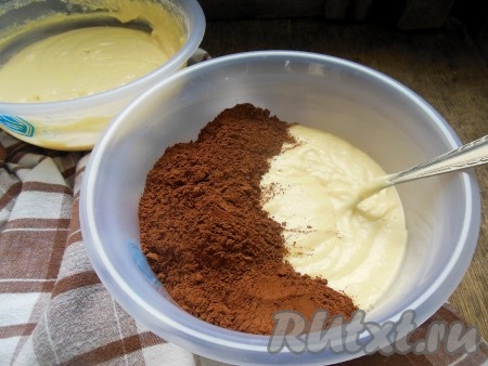 Разделите тесто на две одинаковых порции. Просейте через сито какао-порошок и добавьте частями в одну из порций.
