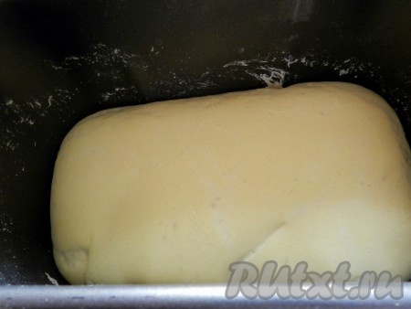 Установить контейнер в хлебопечку, выбрать режим "Дрожжевое тесто", включить. Через 1 час 25 минут дрожжевое тесто будет готово. Если будете готовить тесто вручную. В отдельной ёмкости соединить муку, соль, сахар, сухие дрожжи. Хорошо смешать сухие ингредиенты. Затем добавить теплую воду и растительное масло, температура воды не должна быть более 40 градусов, иначе дрожжи могут погибнуть. Начать замешивать тесто столовой ложкой, затем продолжить замес руками. Вымешивать тесто не менее 10 минут. Потом убрать тесто на 1-1,5 часа в тёплое место, накрыв полотенцем.
