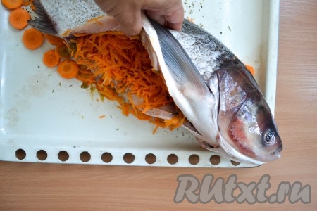 Сверху на подушку из моркови выложить рыбу. Оставшуюся морковь натереть на крупной терке, посолить по вкусу. Брюшко рыбы наполнить натертой морковью.
