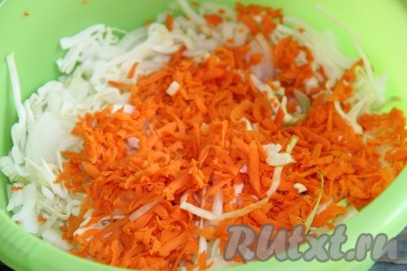 В глубокой миске соединить капусту и лук. Морковь очистить и, натерев на крупной тёрке, добавить к капусте с луком.
