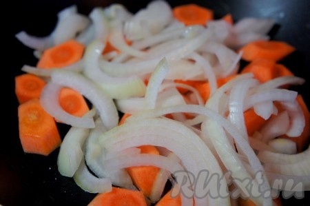 Лук нарезать полукольцами, морковь - кружком, добавить немного воды и потушить в течение 5 минут.