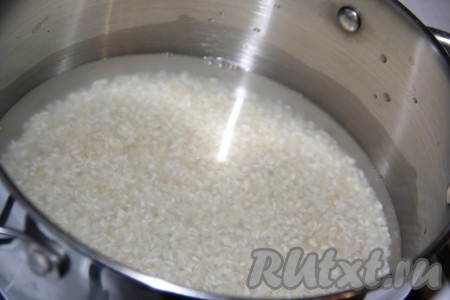 Всыпать рис в кастрюлю и залить водой комнатной температуры так, чтобы вода покрывала рис на 1 см. Добавить соль. 