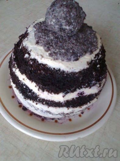 В подготовленном торте надо срезать верх по кругу, придав торту форму шапочки. Срезанный бисквит перемешиваем в однородную массу, из этой массы формируем помпон для шапки, остатки массы распределяем сверху торта (как на фото). 
