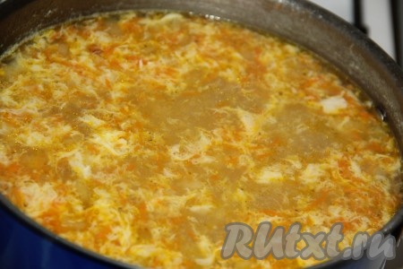 В суп влить тонкой струйкой взбитое яйцо, интенсивно перемешивая. Добавить соль и специи по вкусу. Проварить суп 5 минут, затем снять с огня и дать настояться.
