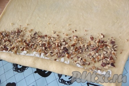Завернуть полоску творога в тесто в плотный рулет. Дальше выложить полоску орехов (я использовала грецкие орехи, крупно порубив их ножом).
