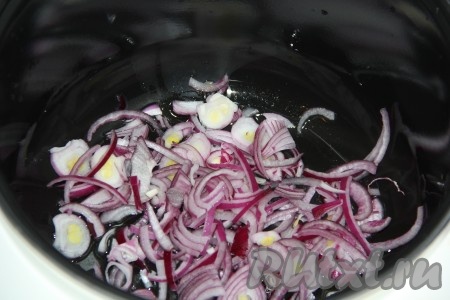 Нарезать очищенную луковицу тонкими полукольцами и выложить в чашу мультиварки. Добавить 2-3 столовые ложки растительного масла.
