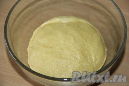 Миску смазать растительным маслом и выложить в неё тесто. Накрыть миску полотенцем и убрать в тепло на 1,5-2 часа.
