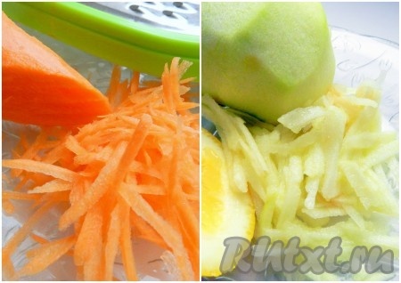 Морковь и яблоко вымыть, очистить и натереть на терке или в комбайне. Яблоко сразу сбрызнуть лимонным соком, чтобы оно не потемнело.
