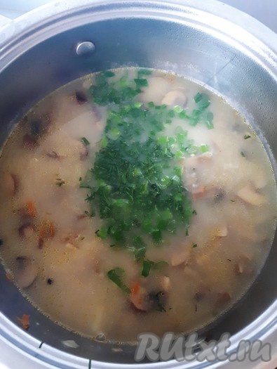 Добавить мелко нарезанную зелень и дать супу настояться под крышкой минут 15-20.
