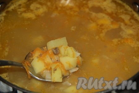 Добавить картофель в суп и варить с момента закипания 15 минут на небольшом огне.
