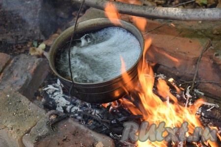 Разводим костёр из дров (костёр из угля нежелателен, но если угля много и он хорошо держит жар, то такой костер подойдёт). Для приготовления нужны не угли, а прямой огонь. Ставим рогатки для котелка и вешаем на них котелок, раскаляем котелок на огне и вливаем в него воду. Как только вода закипит, начинаем варить нашу уху из карпа.
