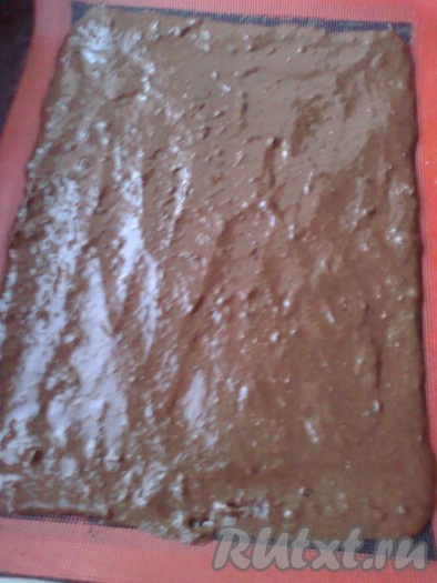 Выливаем тесто на противень, застеленный ковриком для выпечки (или пергаментной бумагой).
