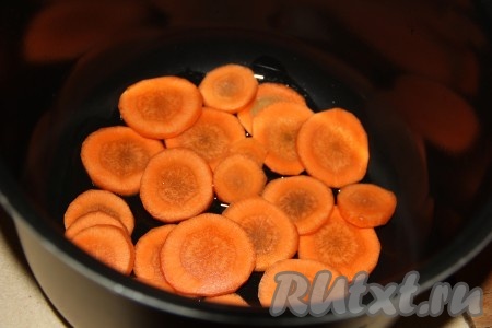 В чашу мультиварки влить, примерно, 2 столовые ложки масла и выложить слой моркови.