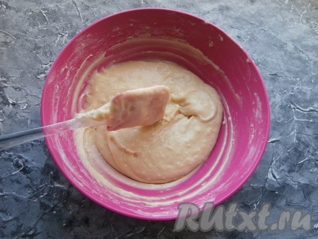 Перемешать лопаткой, замешивая тесто, которое будет достаточно густым, еле-еле стекающим с ложки, похожим на густую сметану или крем.
