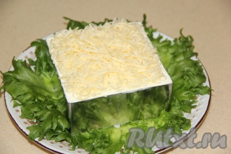 Верх салата украсить тёртым твёрдым сыром. Аккуратно снять бортики формы.
