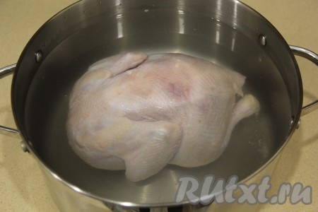 Опустить курицу в кастрюлю, курица должна полностью быть покрыта водой. Оставить курицу в солёной воде на ночь (или минимум на 8 часов).