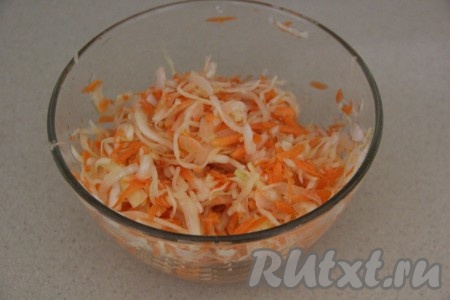 Капусту слегка посолить и хорошо помять руками, затем добавить морковь и лук, хорошо перемешать капустный салат.
