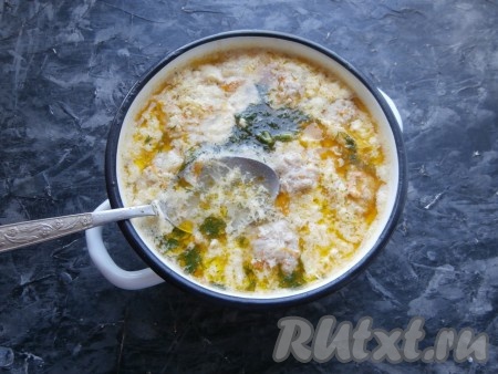 Когда суп после добавления фрикаделек проварится минут 5, снова дать ему закипеть и тонкой струйкой, постоянно перемешивая, добавить яйцо. Затем положить в суп измельчённый укроп.