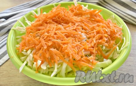Нарезанные капусту и морковь выкладываем в достаточно глубокую миску.