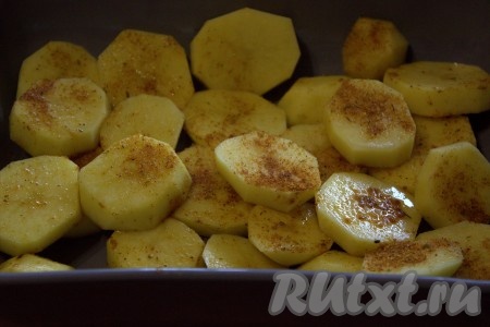 Жаропрочную форму смазать небольшим количеством растительного масла, затем равномерно выложить кружочки картофеля, посолить их и приправить специями по вкусу (я приправила универсальной приправой для картофеля).