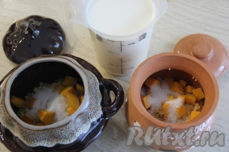 Затем нарезанную тыкву разложить по двум горшочкам. Добавить в каждый горшочек по 1 чайной ложке сахара и по щепотки соли.