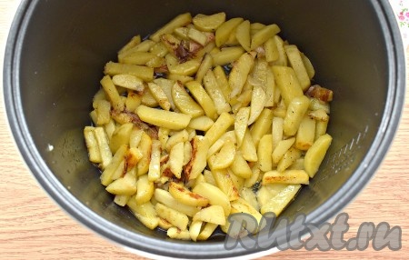 Жарим картошку с луком на сале до окончания программы мультиварки (20-25 минут), не закрывая крышку. В процессе жарки 3-4 раза картофель нужно перемешать.