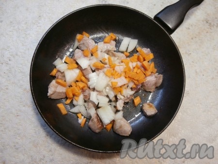 На сковороде разогреть растительное масло, выложить кусочки свинины и обжарить мясо на среднем огне до лёгкого подрумянивания со всех сторон, затем выложить лук с морковкой.