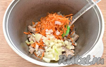 Морковку и луковицу очищаем. К обжаренной свиной грудинке выкладываем натёртую морковку и достаточно мелко нарезанную луковицу, перемешиваем и обжариваем минут 5, иногда перемешивая мясо с овощами.