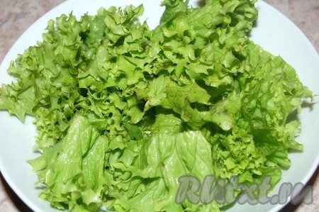 В миску выложить крупно порванные листья зелёного салата.
