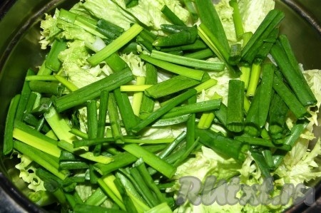 На салатные листья выложить зелёный лук, нарезанный длинными перьями (можно, при желании, мелко нарезать - здесь уже дело вкуса). 