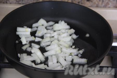 Сначала на сковороде с растительным маслом обжарить на среднем огне мелко нарезанную луковицу в течение 4-5 минут, помешивая.