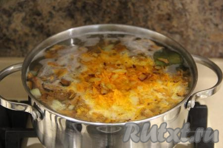Когда картошка будет практически готова, добавить в суп с лисичками обжаренные овощи, специи и соль, дать закипеть. А затем варить минут 5 на небольшом огне.