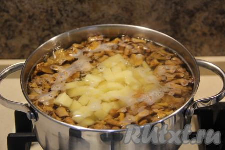 Картошку, лук и морковь почистить. Картошины нарезать на кубики, переложить в кастрюлю с лисичками, дать закипеть, а затем варить на небольшом огне минут 10 (практически до готовности картофеля).