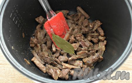 К обжаренным кусочкам говядины добавляем лавровый лист, по вкусу солим и перчим.