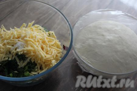 Соединить в миске ботву свеклы, лук и сыр, немного посолить, перемешать и начинка для пирога готова. По прошествии часа тесто увеличится в объёме раза в два.