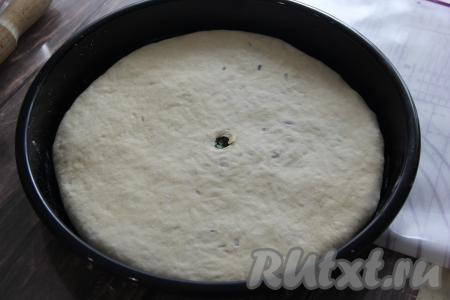 Раскатать пирог с начинкой скалкой. Аккуратно переложить на противень, смазанный растительным маслом. В серединке пирога сделать небольшое отверстие для выхода пара. Оставить пирог для расстойки на 30 минут.