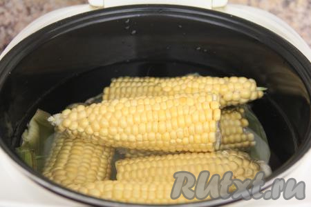 Залить кукурузу водой так, чтобы она покрывала початки. Я влила примерно 2 литра воды.