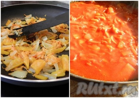 На растительном масле обжарить лук и морковь, затем добавить болгарский перец, слегка обжарить все вместе. Влить немного воды (или бульона), добавить томатную пасту, перемешать, довести до кипения.