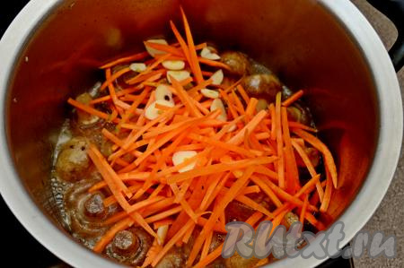 Выложить к ним морковку и чеснок, аккуратно перемешать, накрыть крышкой и потомить ещё 5 минут с момента закипания на минимальном огне, периодически перемешивая.