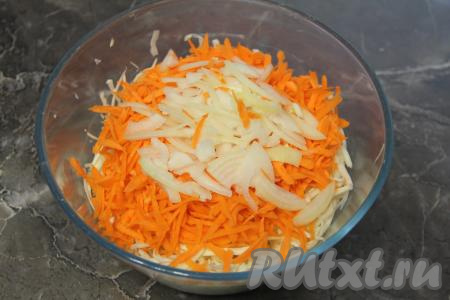 Нарезать половину луковицы полукольцами и добавить в миску с капустой и морковкой.