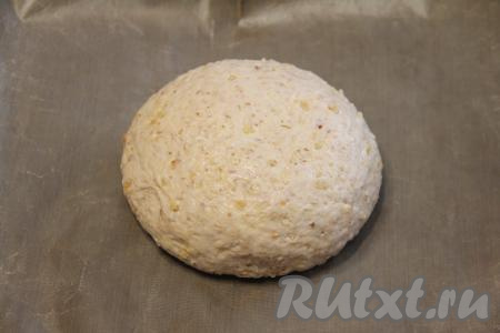 Готовое тесто снова обмять, сформировать круглый хлеб и выложить на противень, застеленный пергаментом (или ковриком для выпечки).