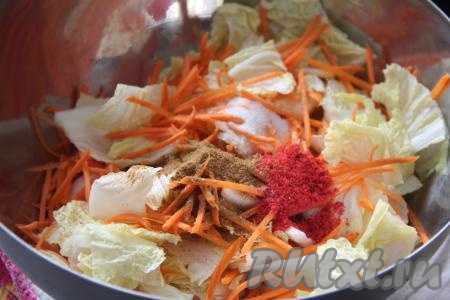 В миску с овощами добавить паприку, соль, приправу для моркови по-корейски, перемешать.