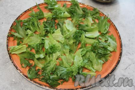 Листья салата порвать на крупные кусочки, выложить на плоскую тарелку.