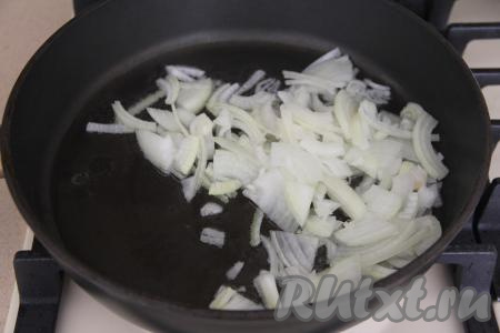 В сковороду с высокими бортиками влить растительное масло, хорошо прогреть его на среднем огне, после этого выложить мелко нарезанный лук, обжарить его до прозрачности (в течение 3-4 минут), иногда перемешивая.