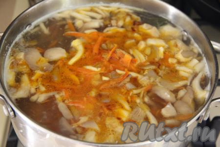 После того как картошка проварится в курином бульоне 10 минут, добавить в кастрюлю обжаренные вешенки с морковью и луком, перемешать, довести суп по кипения и варить 10 минут. Затем всыпать в кастрюлю соль, специи, выложить лавровый лист, дать закипеть и потомить на небольшом огне 2-3 минуты. Снять курино-грибной суп с огня и дать настояться в течение 15 минут под крышкой.